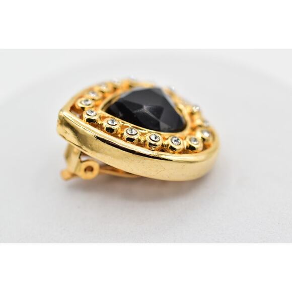 Vintage Crystal Heart Clip On Earrings Black Chunky Gold Heavy NOS 1980s A22 - Picture 15 of 16